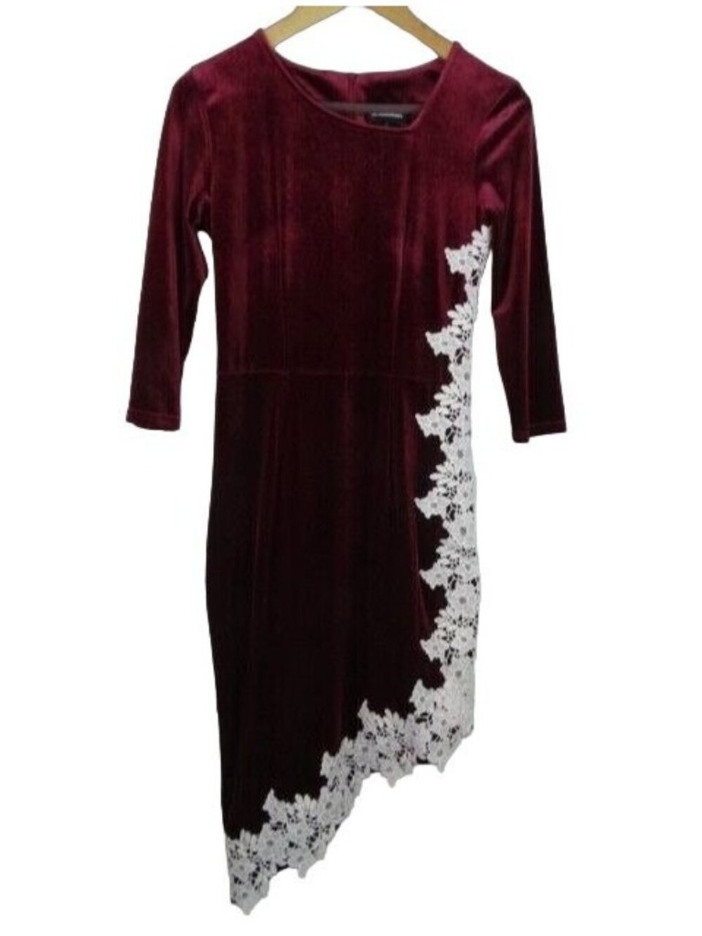 Drimmaks Women's Dress Size Small Burgundy Lace Velour 3/4 Sleeve Sleeve Dress